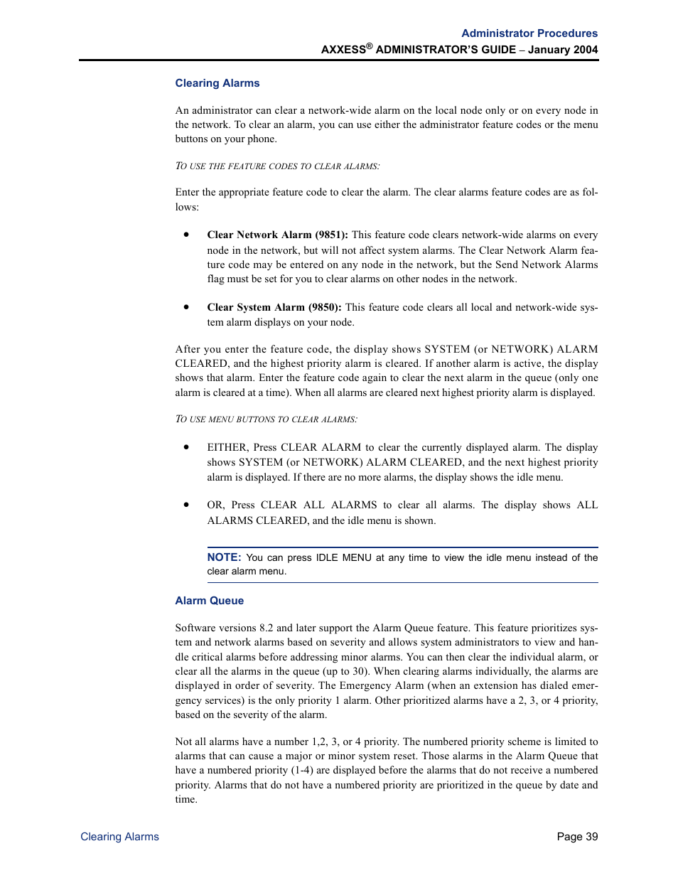Clearing alarms, Alarm queue, Clearing alarms alarm queue | Inter-Tel Axxess User Manual | Page 55 / 342