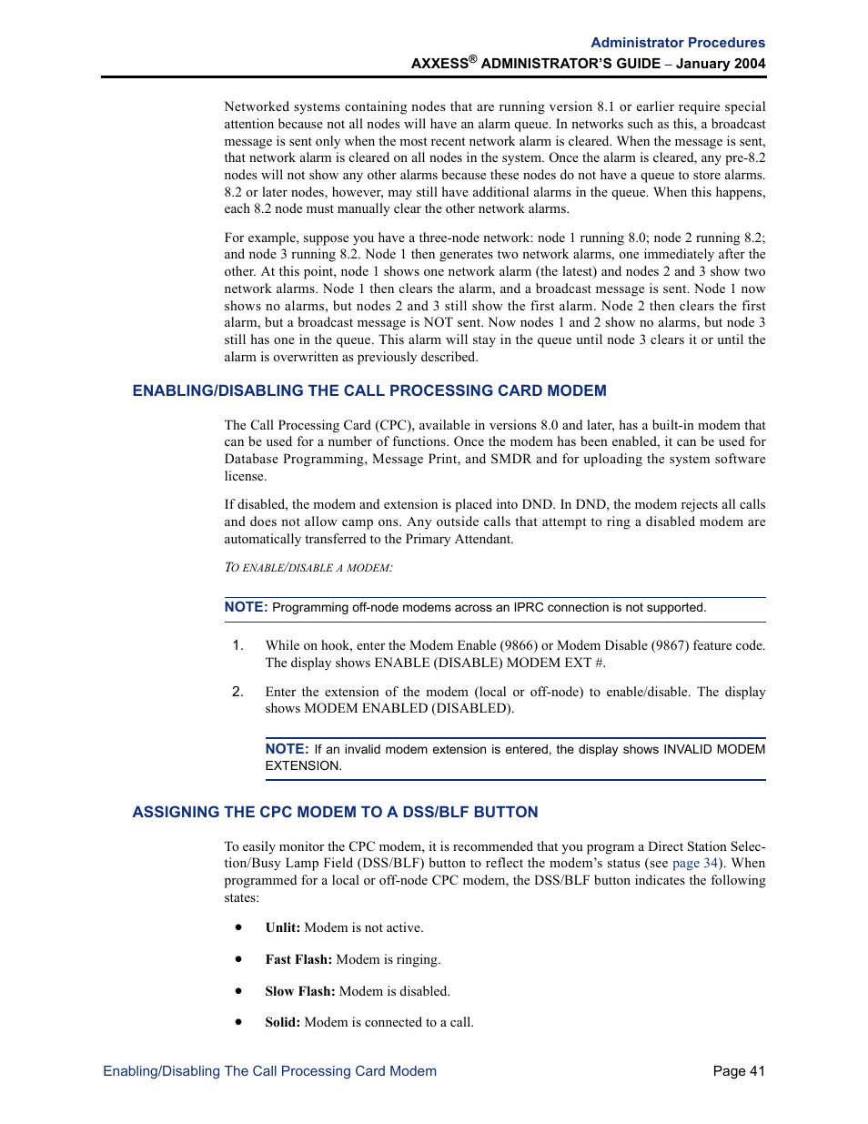 Enabling/disabling the call processing card modem, Assigning the cpc modem to a dss/blf button | Inter-Tel Axxess User Manual | Page 57 / 342