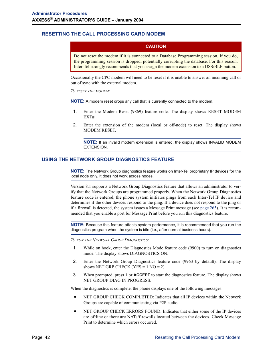 Resetting the call processing card modem, Using the network group diagnostics feature | Inter-Tel Axxess User Manual | Page 58 / 342