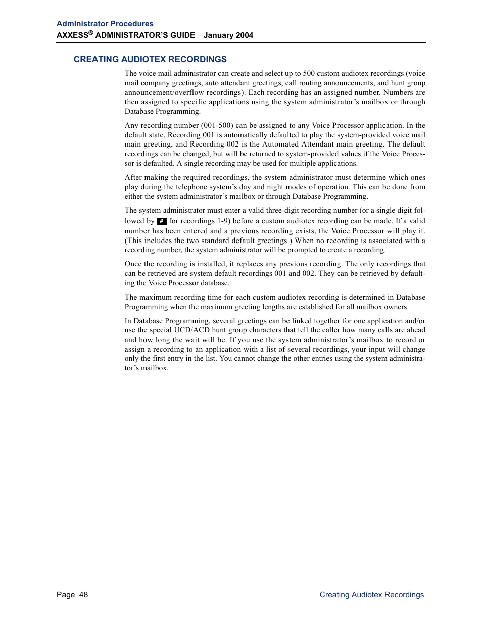 Creating audiotex recordings | Inter-Tel Axxess User Manual | Page 64 / 342