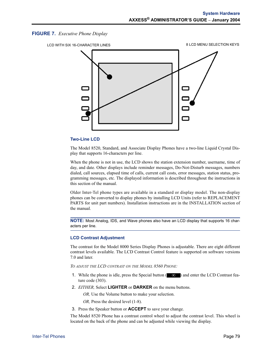 Two-line lcd, Lcd contrast adjustment, Two-line lcd lcd contrast adjustment | Inter-Tel Axxess User Manual | Page 95 / 342