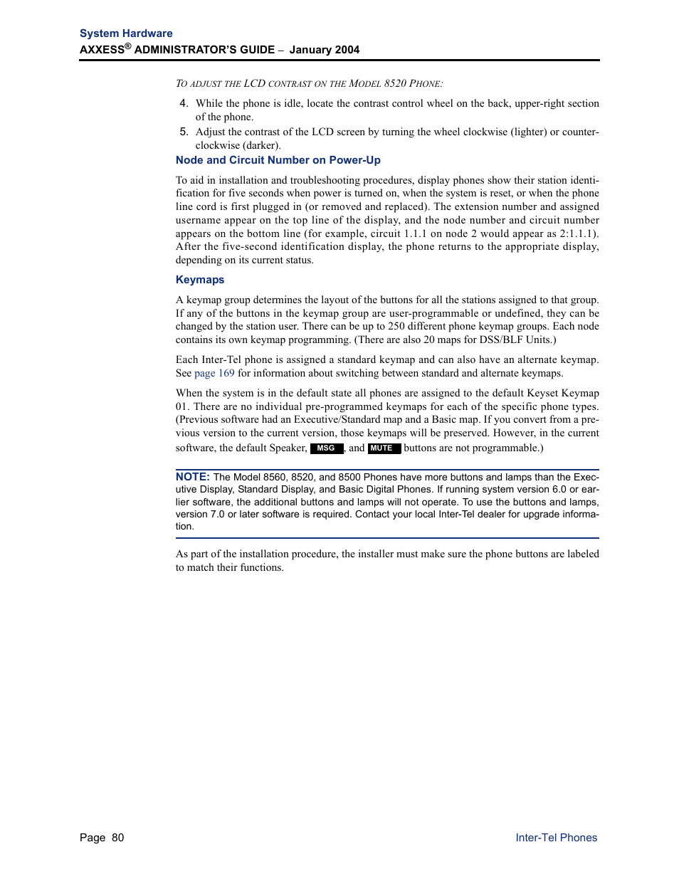 Node and circuit number on power-up, Keymaps, Node and circuit number on power-up keymaps | Inter-Tel Axxess User Manual | Page 96 / 342