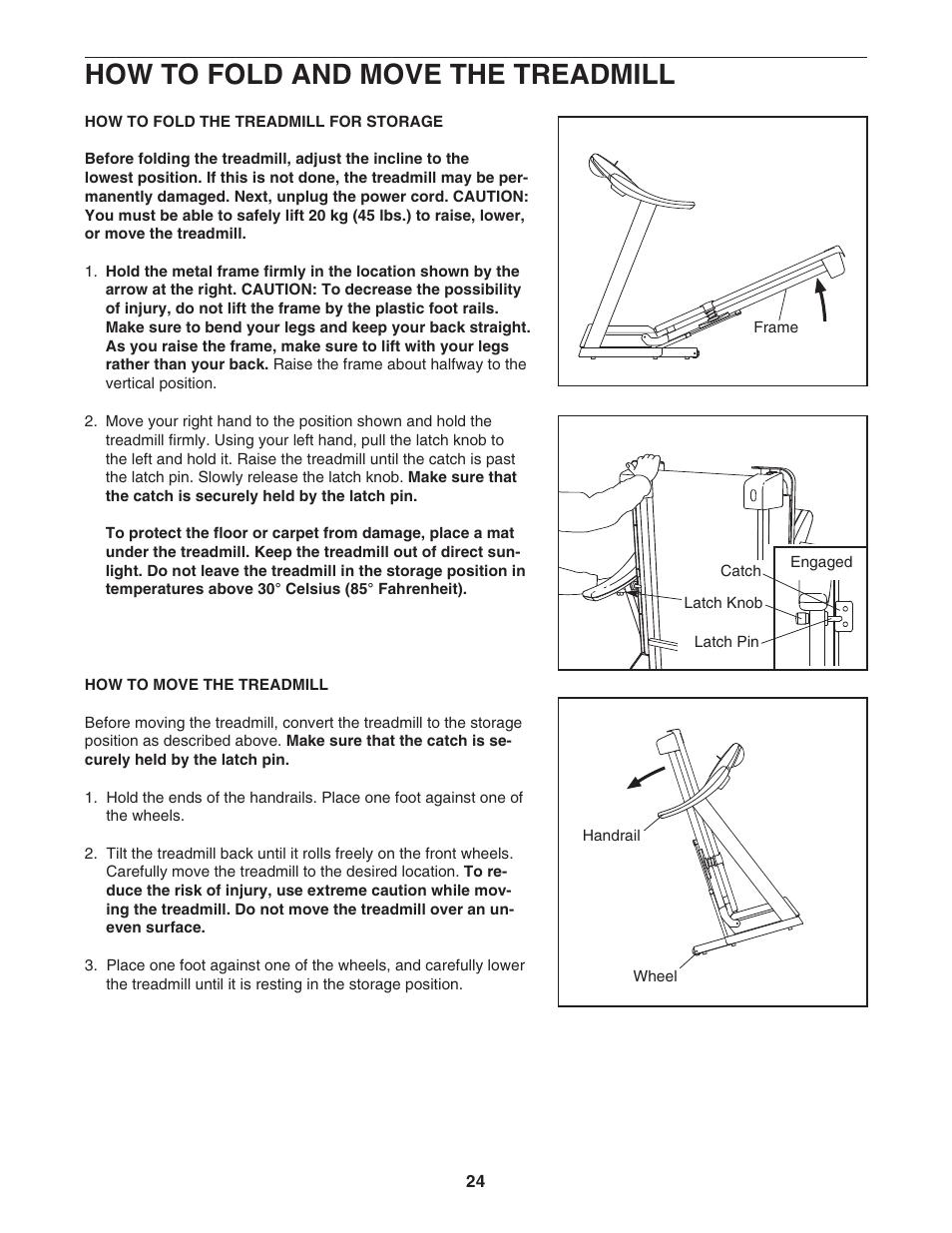How to fold and move the treadmill | Inter-Tel PRO-FORM 500-CX PATL41106.0 User Manual | Page 24 / 36