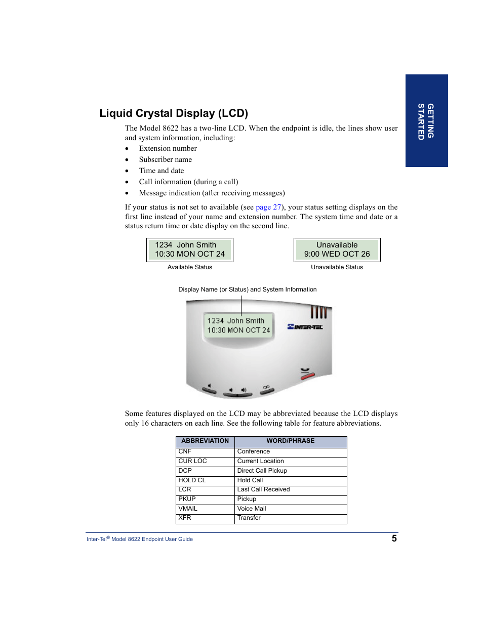 Liquid crystal display (lcd) | Inter-Tel 8622 User Manual | Page 19 / 90