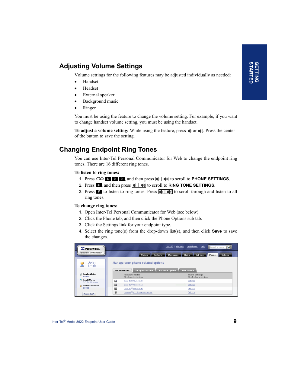 Adjusting volume settings, Changing endpoint ring tones | Inter-Tel 8622 User Manual | Page 23 / 90