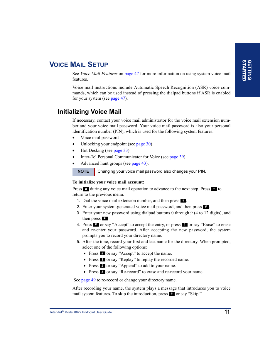 Voice mail setup, Initializing voice mail, Oice | Etup | Inter-Tel 8622 User Manual | Page 25 / 90