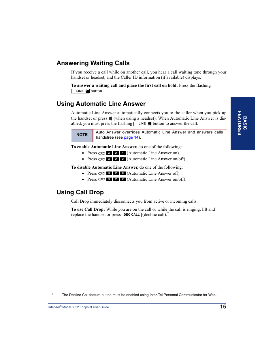 Answering waiting calls, Using automatic line answer, Using call drop | Inter-Tel 8622 User Manual | Page 29 / 90