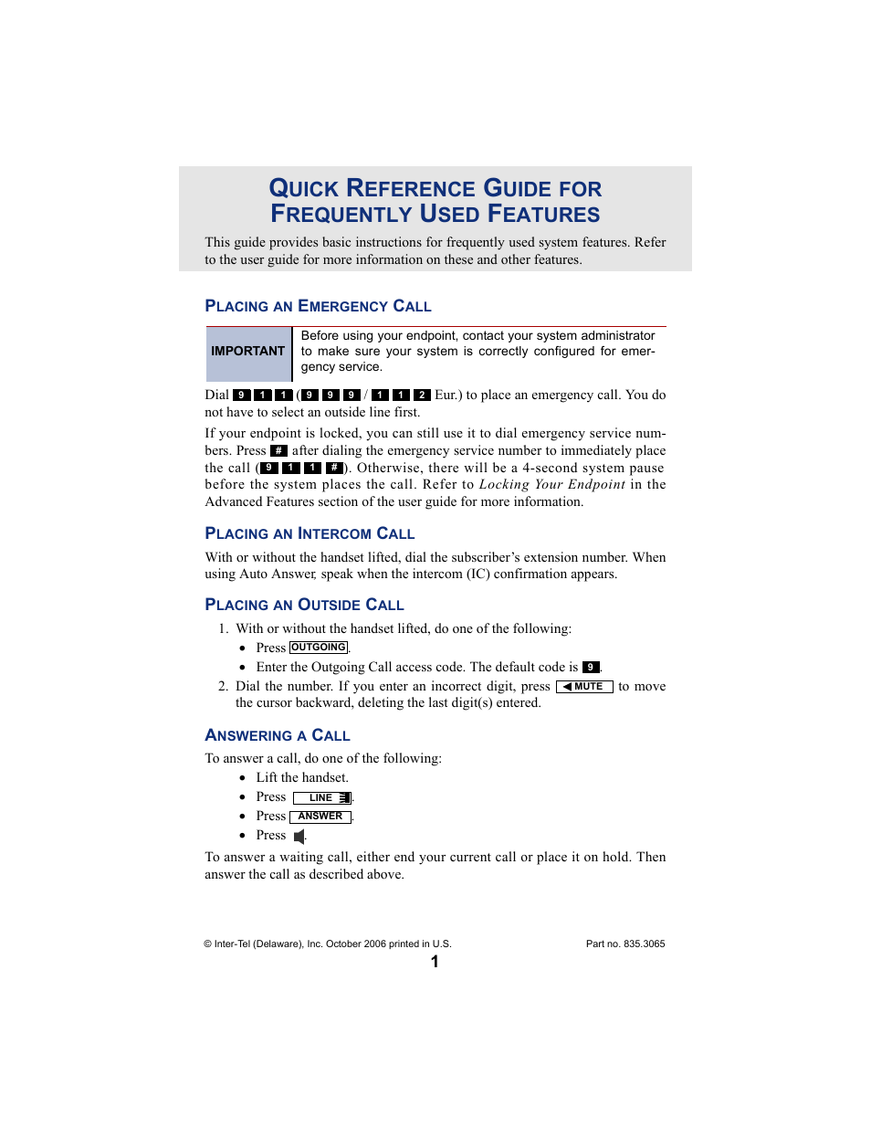 Quick reference guide, Uick, Eference | Uide, Requently, Eatures | Inter-Tel 8622 User Manual | Page 3 / 90