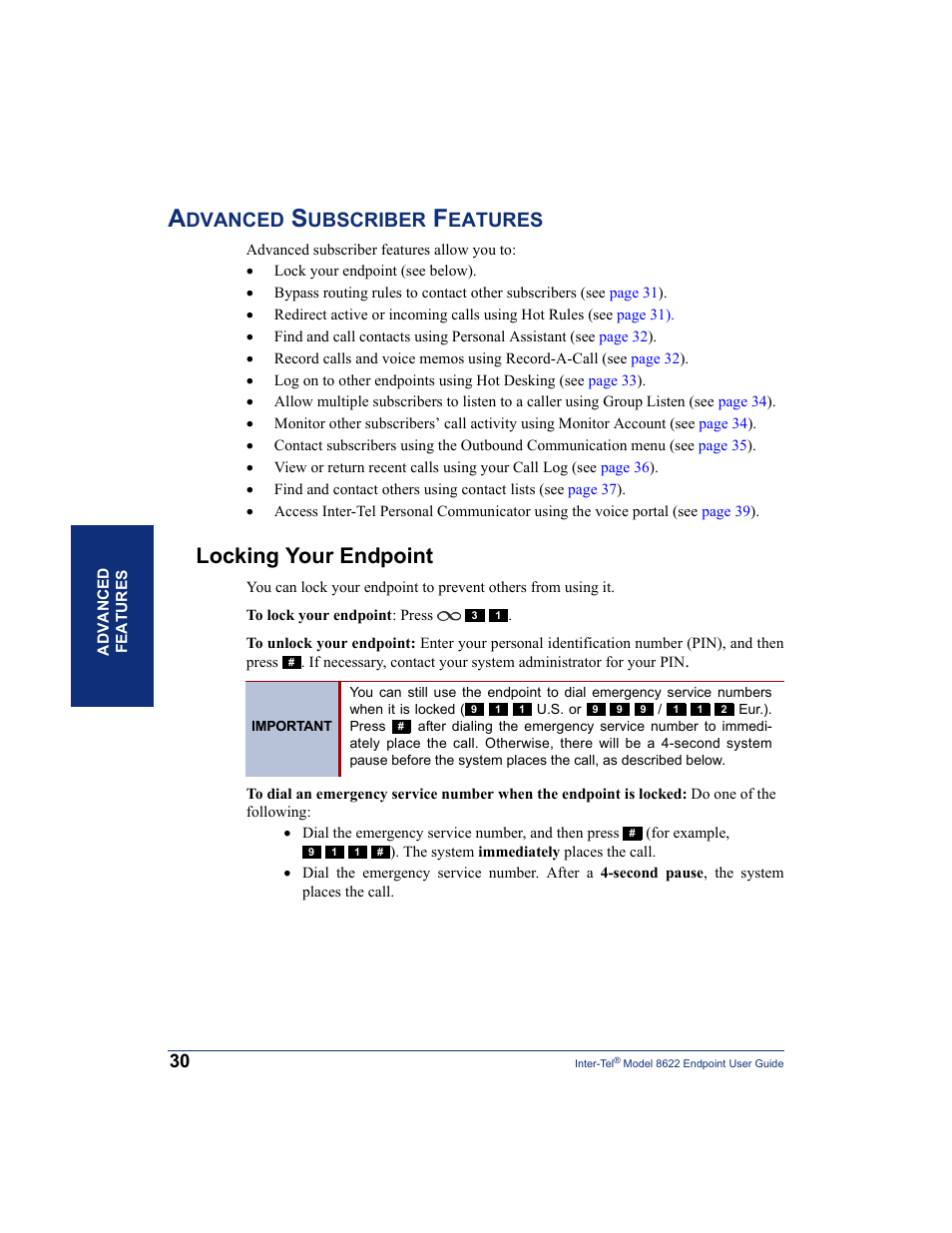 Advanced subscriber features, Locking your endpoint, Dvanced | Ubscriber, Eatures | Inter-Tel 8622 User Manual | Page 44 / 90