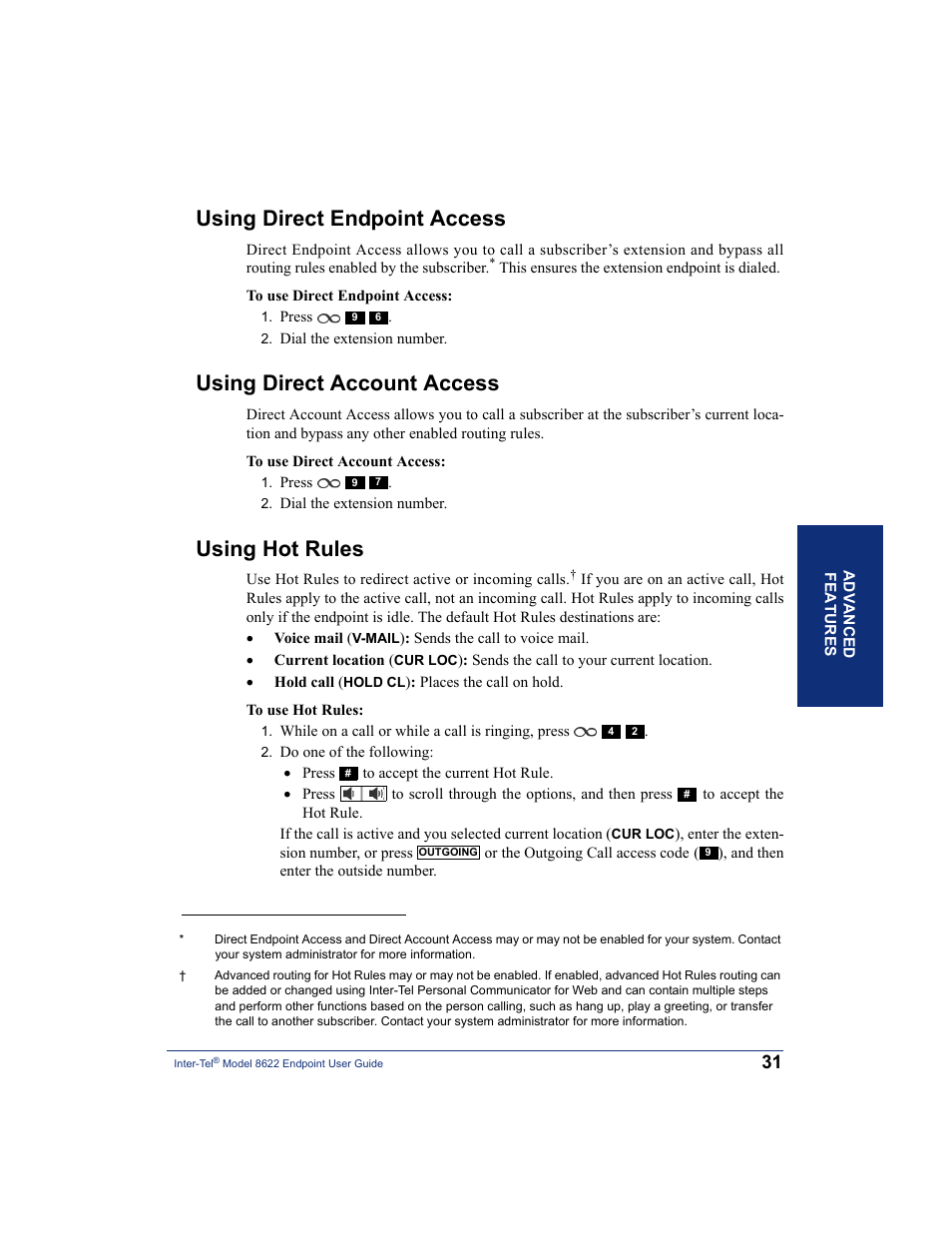 Using direct endpoint access, Using direct account access, Using hot rules | S (see | Inter-Tel 8622 User Manual | Page 45 / 90