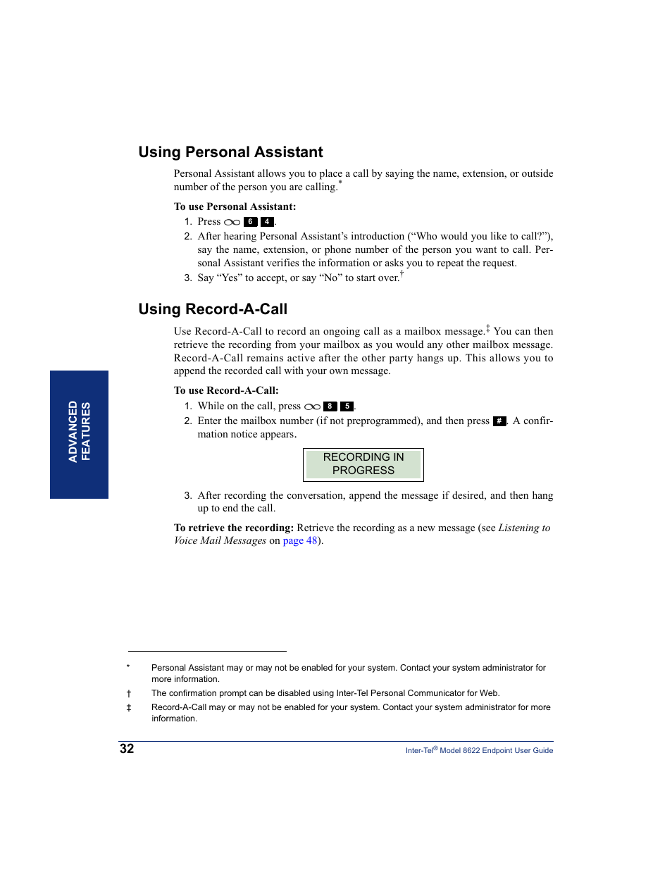 Using personal assistant, Using record-a-call, Using personal assistant using record-a-call | Inter-Tel 8622 User Manual | Page 46 / 90
