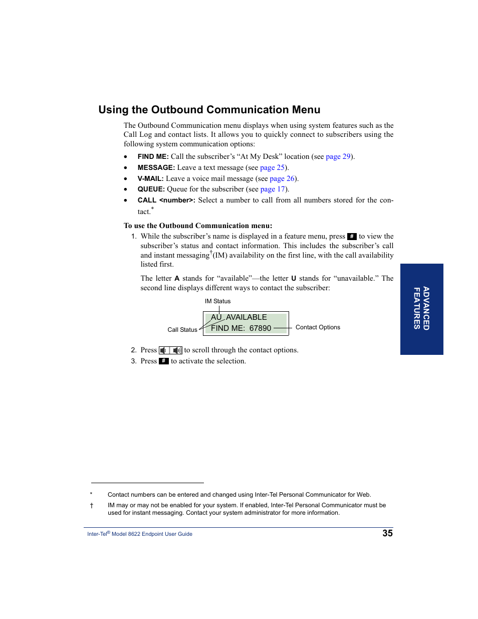 Using the outbound communication menu | Inter-Tel 8622 User Manual | Page 49 / 90