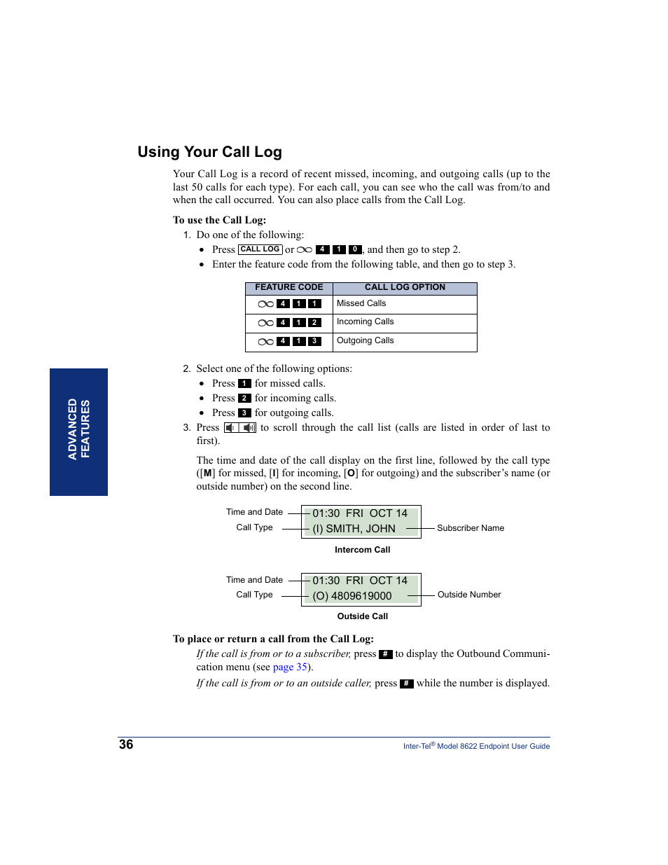 Using your call log, Call log (see | Inter-Tel 8622 User Manual | Page 50 / 90