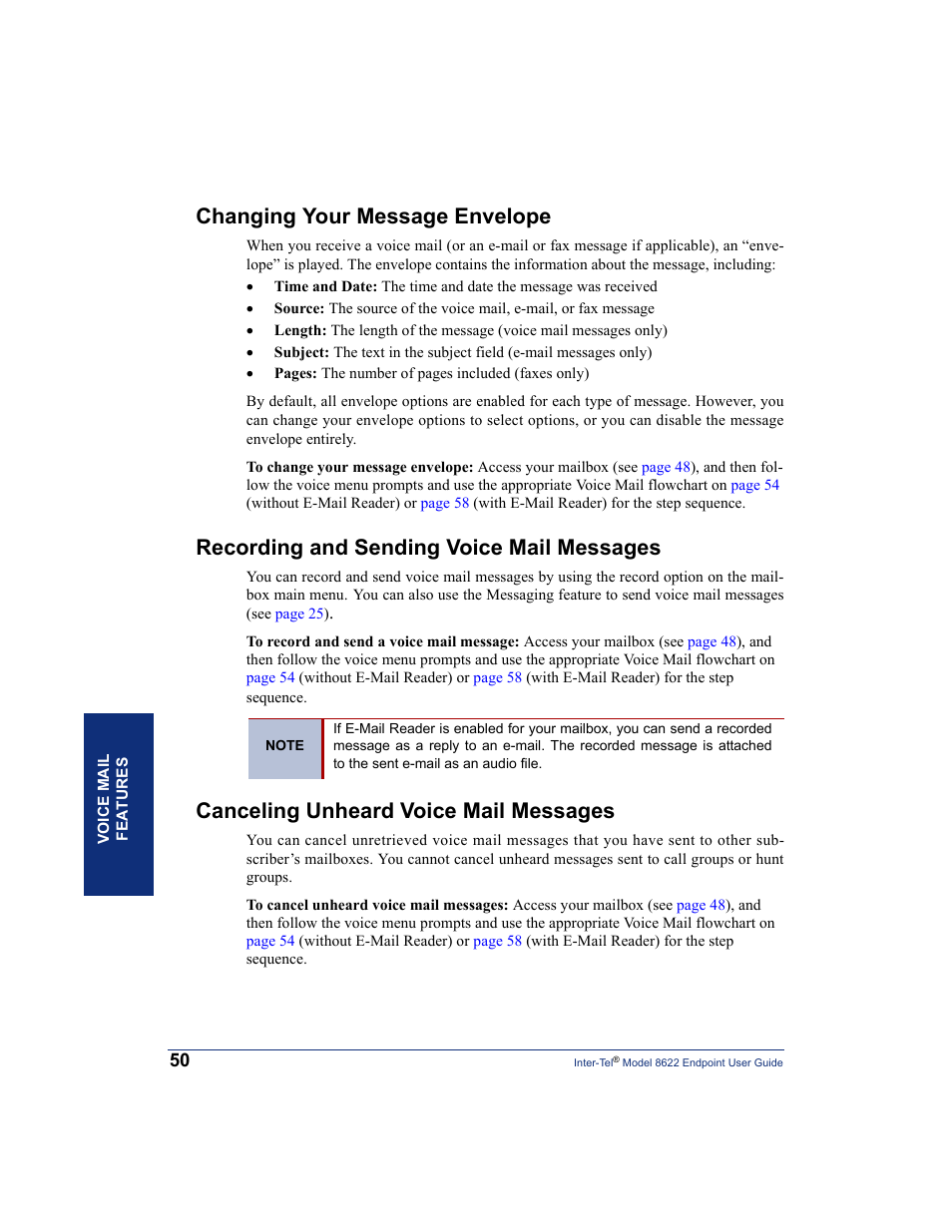 Changing your message envelope, Recording and sending voice mail messages, Canceling unheard voice mail messages | Inter-Tel 8622 User Manual | Page 64 / 90