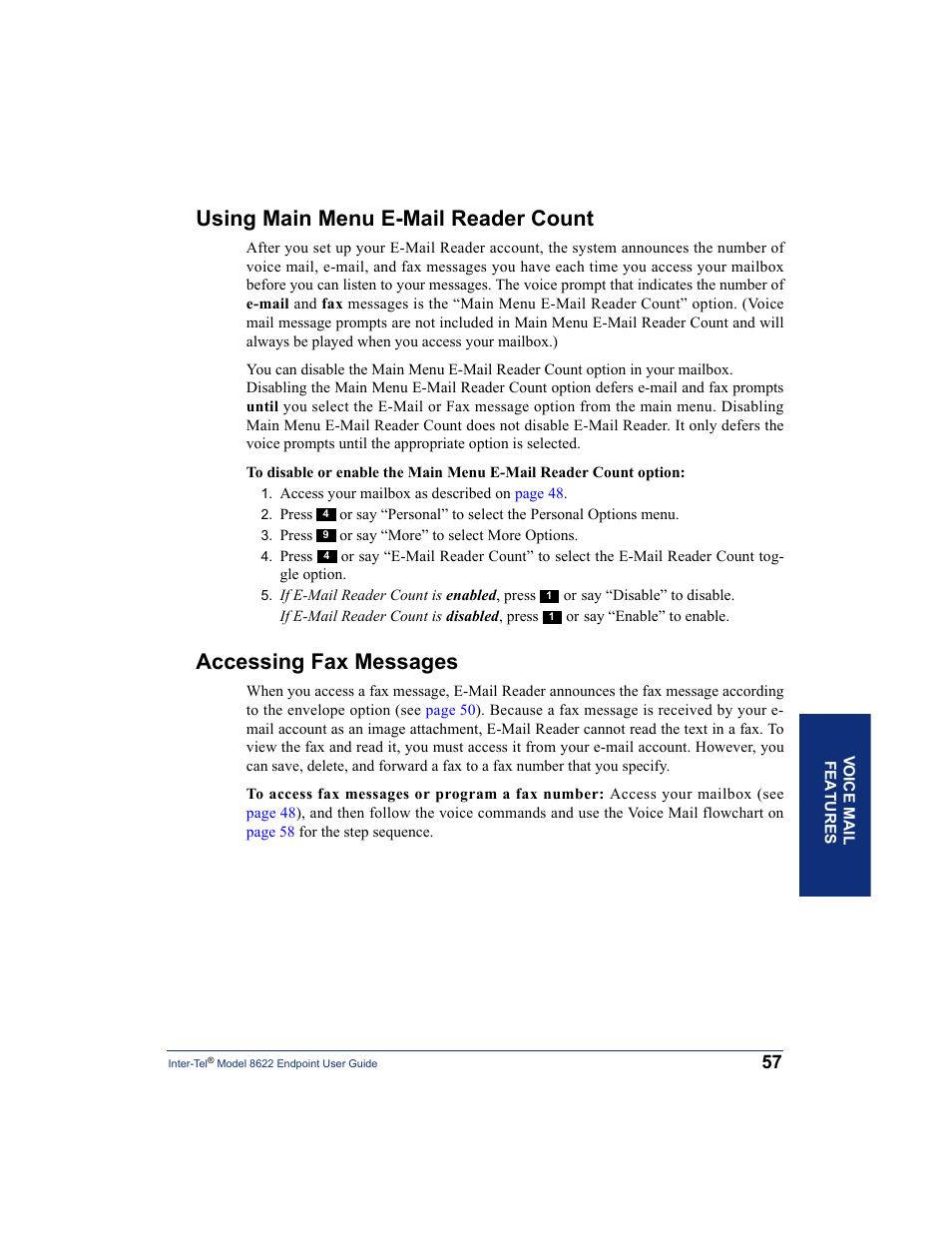 Using main menu e-mail reader count, Accessing fax messages | Inter-Tel 8622 User Manual | Page 71 / 90