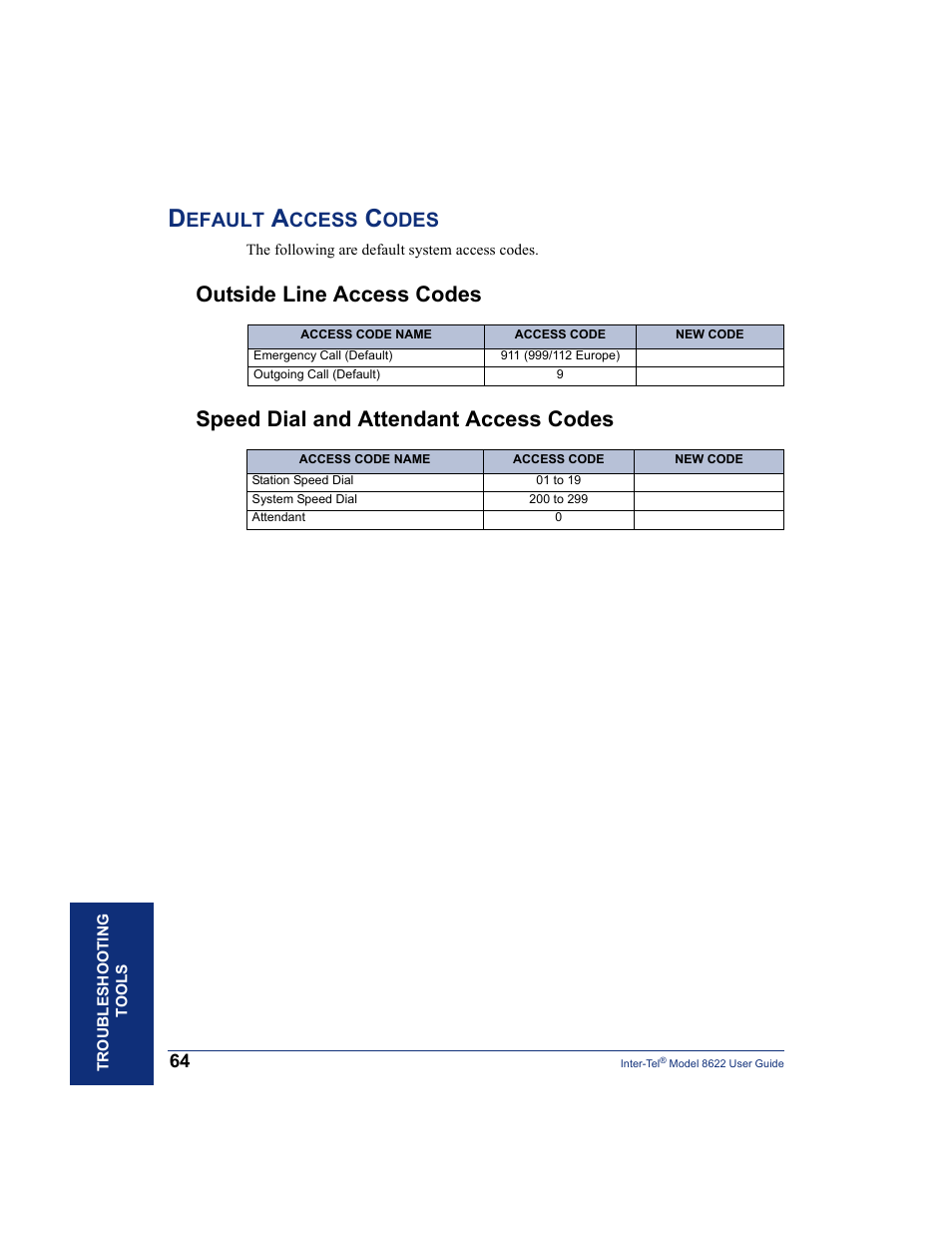 Default access codes, Outside line access codes, Speed dial and attendant access codes | Efault, Ccess, Odes | Inter-Tel 8622 User Manual | Page 78 / 90