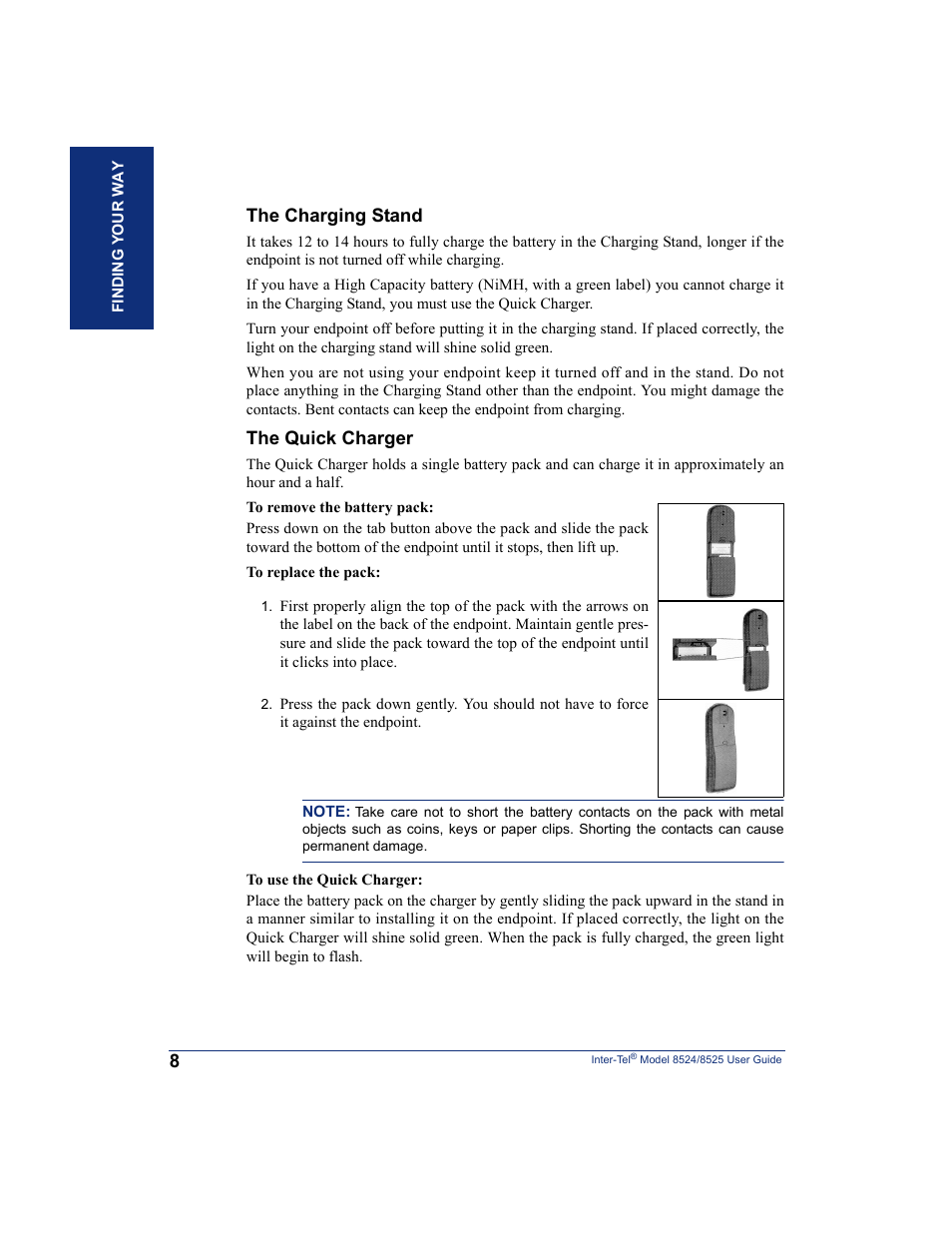 The charging stand, The quick charger | Inter-Tel USER GUIDE 8525 User Manual | Page 20 / 112