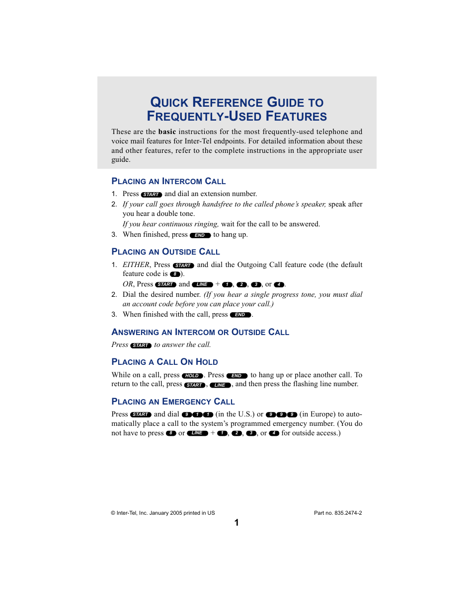 Quick reference guide to frequently-used features, Uick, Eference | Uide, Requently, Eatures | Inter-Tel USER GUIDE 8525 User Manual | Page 3 / 112