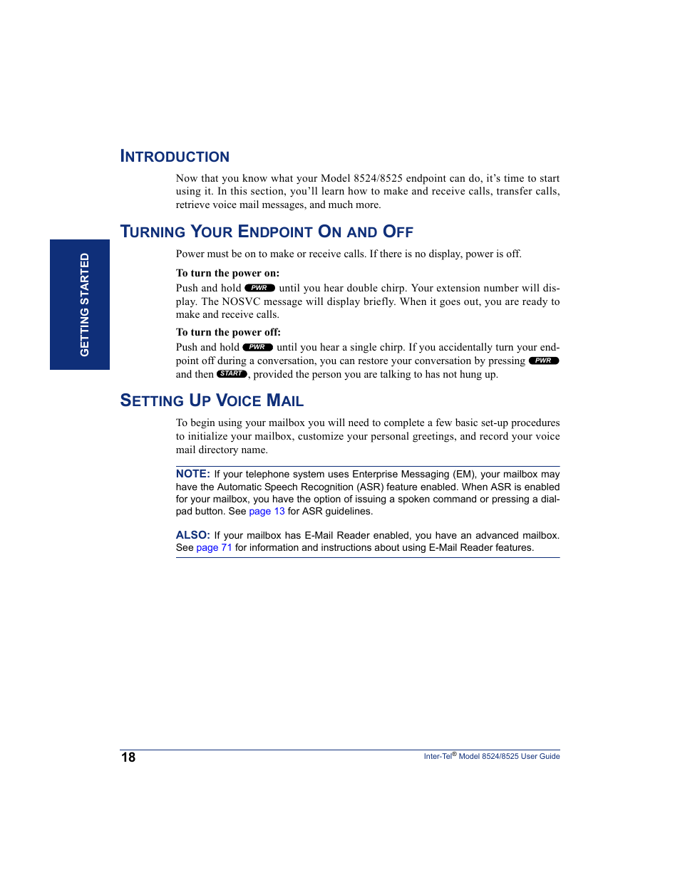 Introduction, Turning your endpoint on and off, Setting up voice mail | Inter-Tel USER GUIDE 8525 User Manual | Page 30 / 112