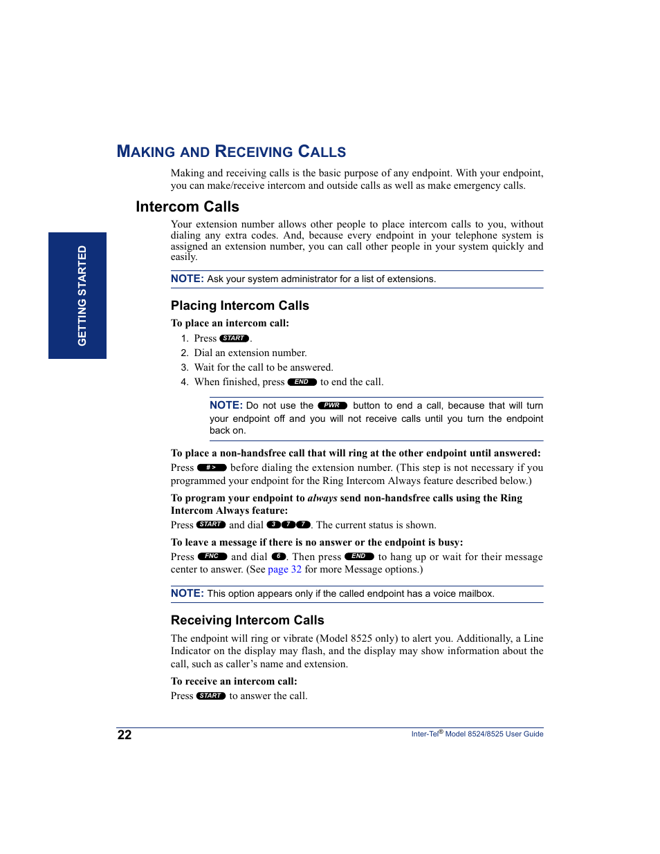 Making and receiving calls, Intercom calls, Aking | Eceiving, Alls | Inter-Tel USER GUIDE 8525 User Manual | Page 34 / 112
