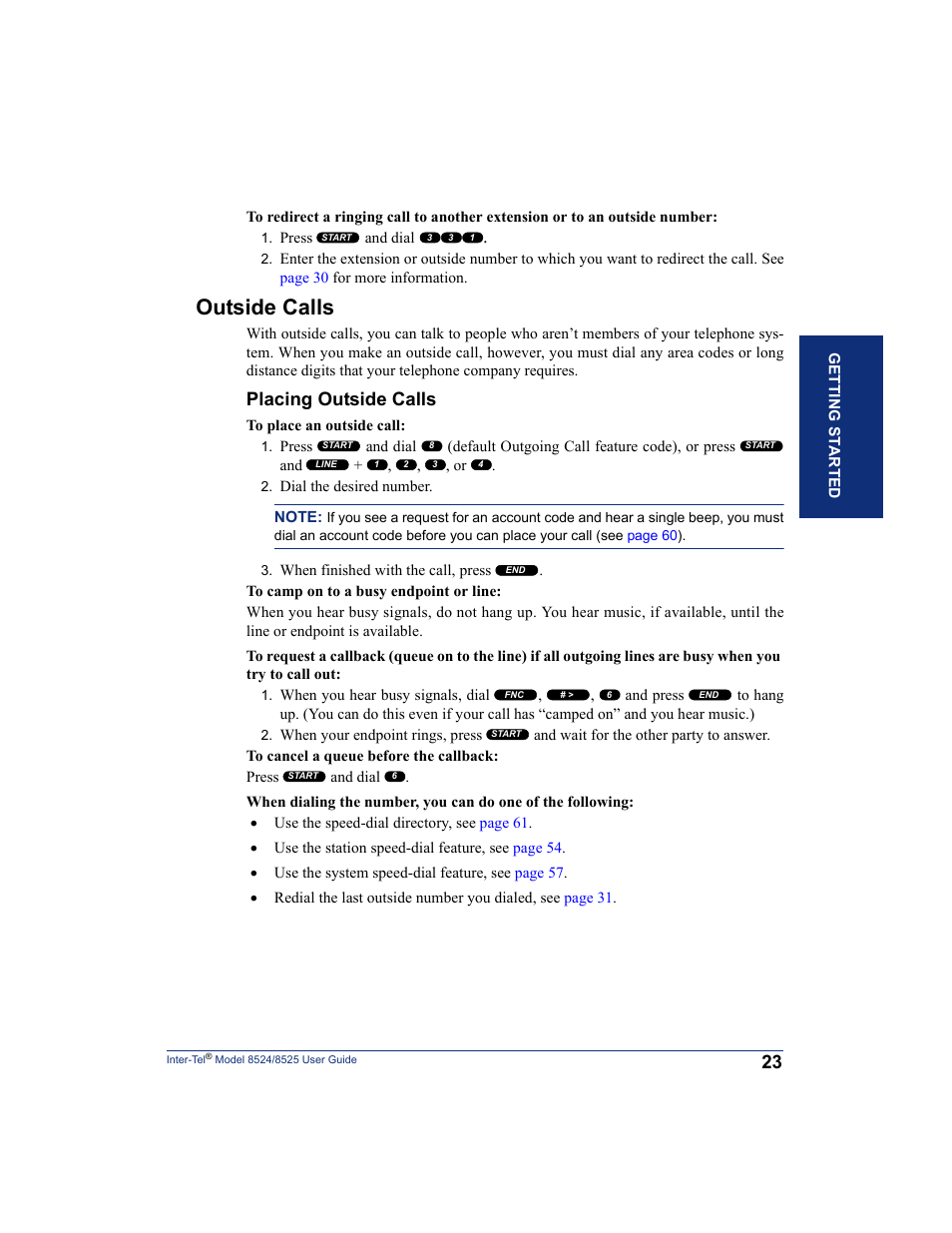 Outside calls, Placing outside calls | Inter-Tel USER GUIDE 8525 User Manual | Page 35 / 112