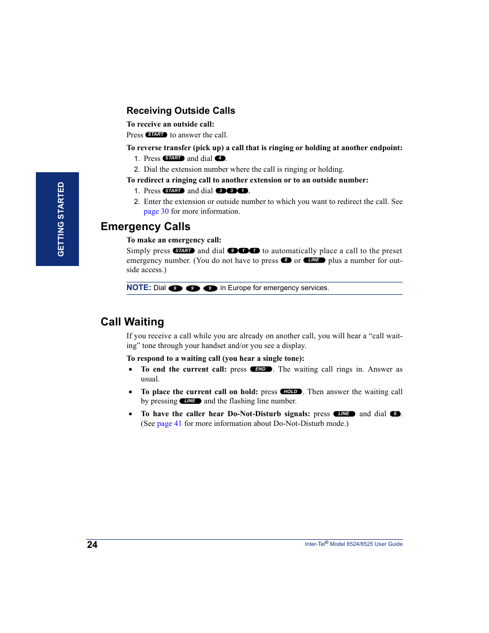 Emergency calls, Call waiting, Receiving outside calls | Inter-Tel USER GUIDE 8525 User Manual | Page 36 / 112
