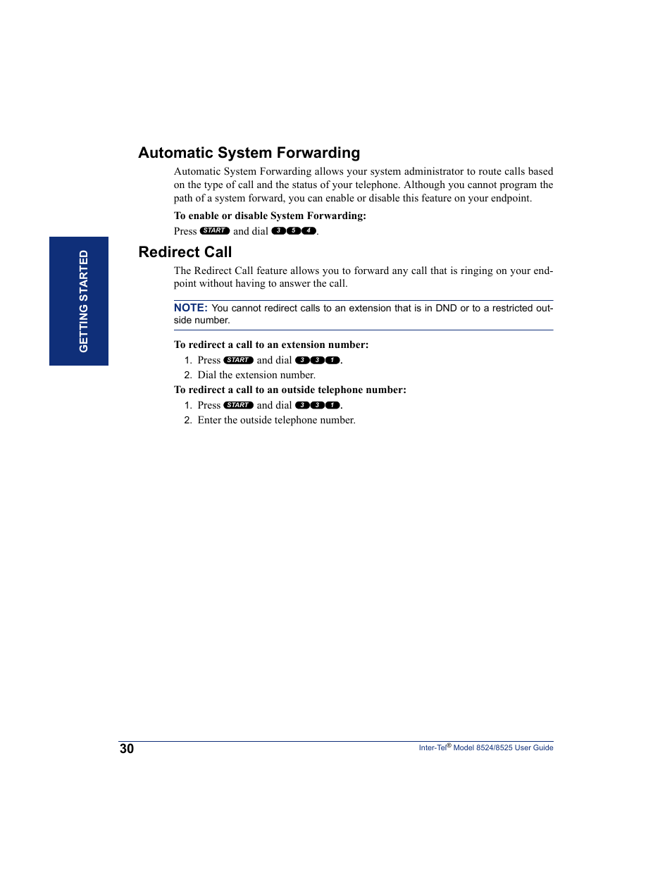 Automatic system forwarding, Redirect call | Inter-Tel USER GUIDE 8525 User Manual | Page 42 / 112