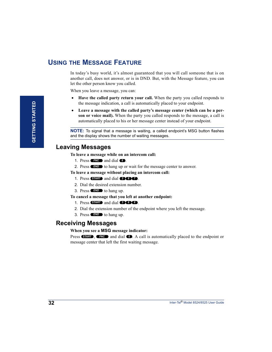Using the message feature, Leaving messages, Receiving messages | Sing, Essage, Eature | Inter-Tel USER GUIDE 8525 User Manual | Page 44 / 112