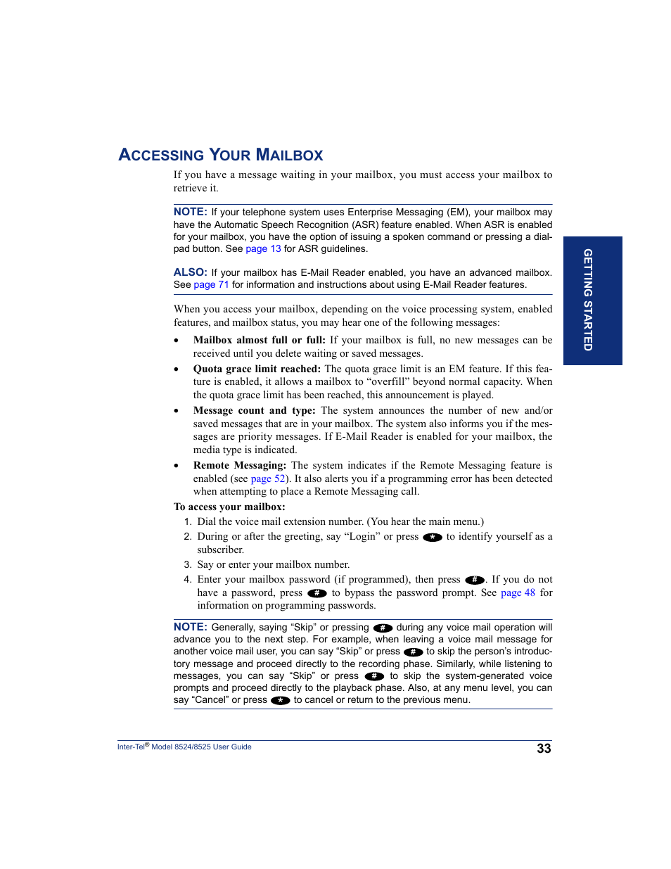 Accessing your mailbox, Ox (see, Ccessing | Ailbox | Inter-Tel USER GUIDE 8525 User Manual | Page 45 / 112