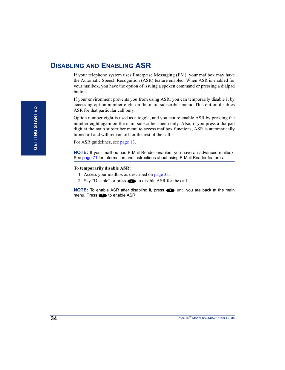 Disabling and enabling asr, Isabling, Nabling | Inter-Tel USER GUIDE 8525 User Manual | Page 46 / 112