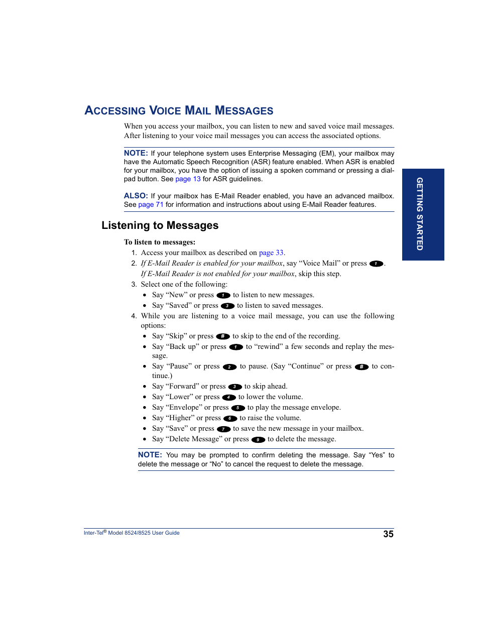 Accessing voice mail messages, Listening to messages, Ccessing | Oice, Essages | Inter-Tel USER GUIDE 8525 User Manual | Page 47 / 112