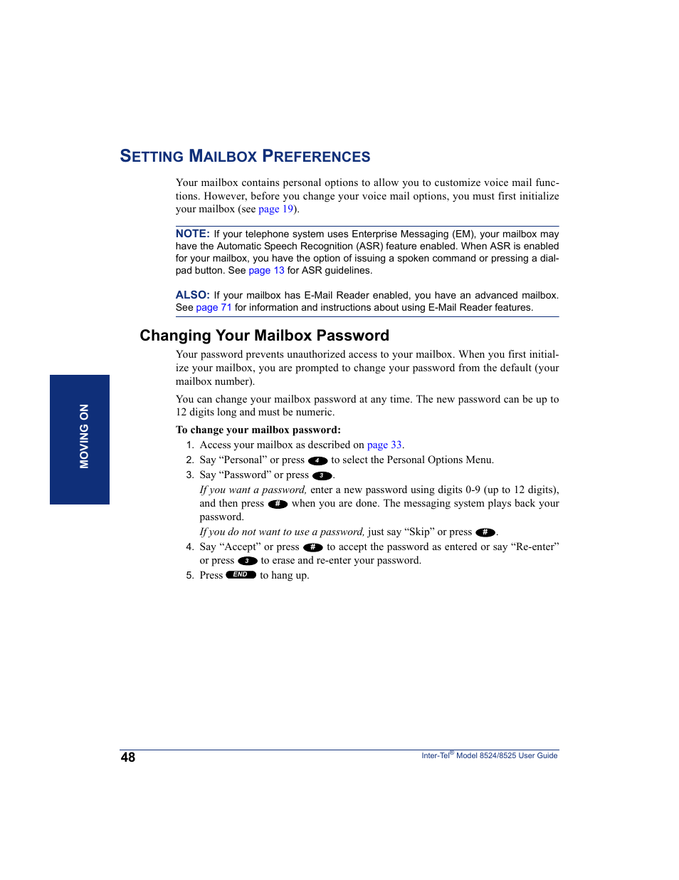 Setting mailbox preferences, Changing your mailbox password, Etting | Ailbox, References | Inter-Tel USER GUIDE 8525 User Manual | Page 60 / 112