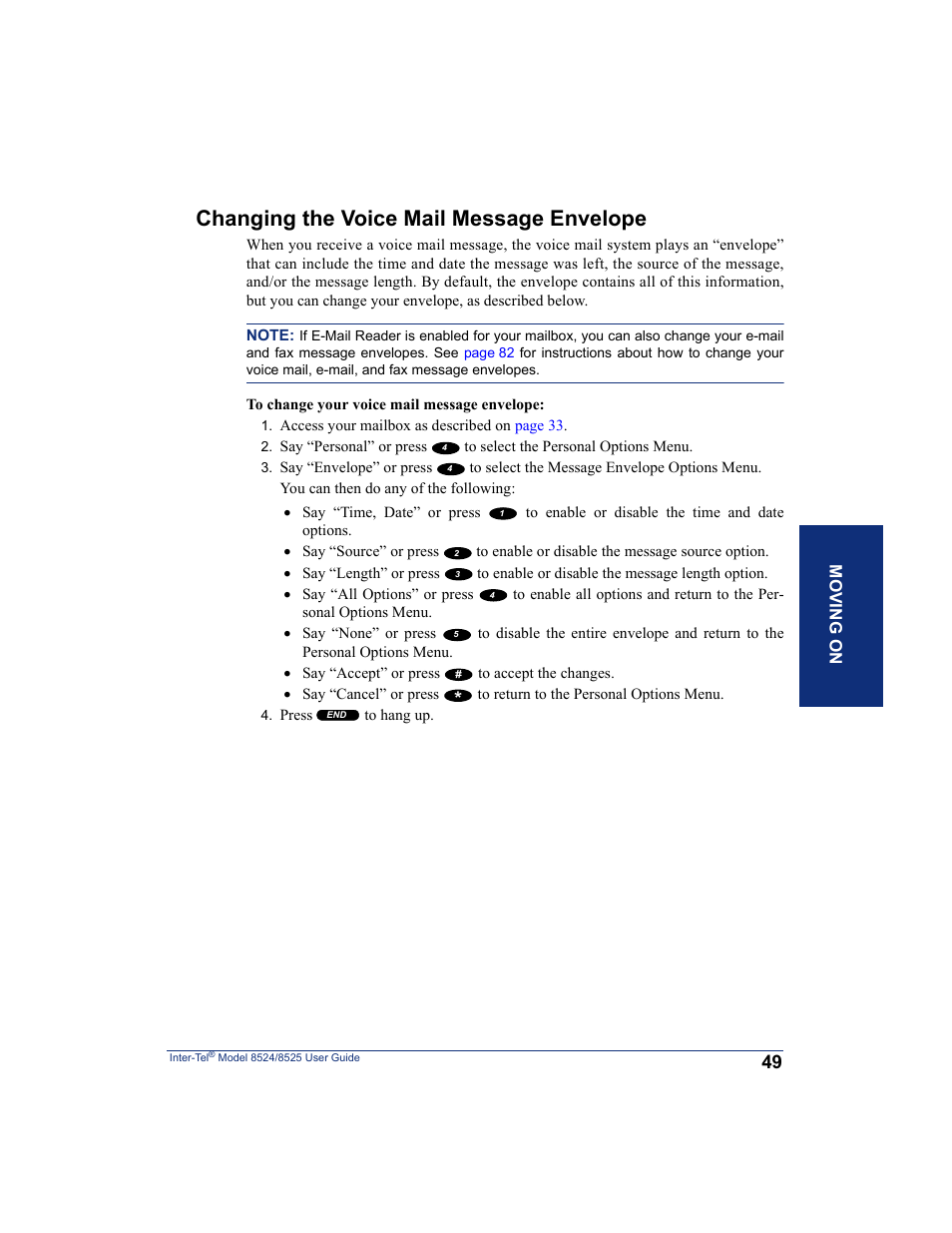 Changing the voice mail message envelope | Inter-Tel USER GUIDE 8525 User Manual | Page 61 / 112