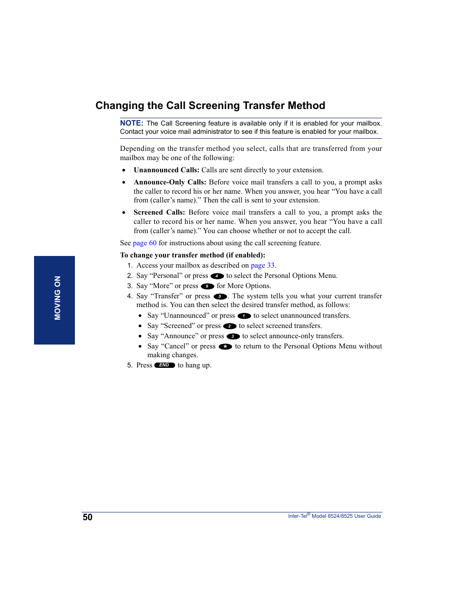 Changing the call screening transfer method | Inter-Tel USER GUIDE 8525 User Manual | Page 62 / 112