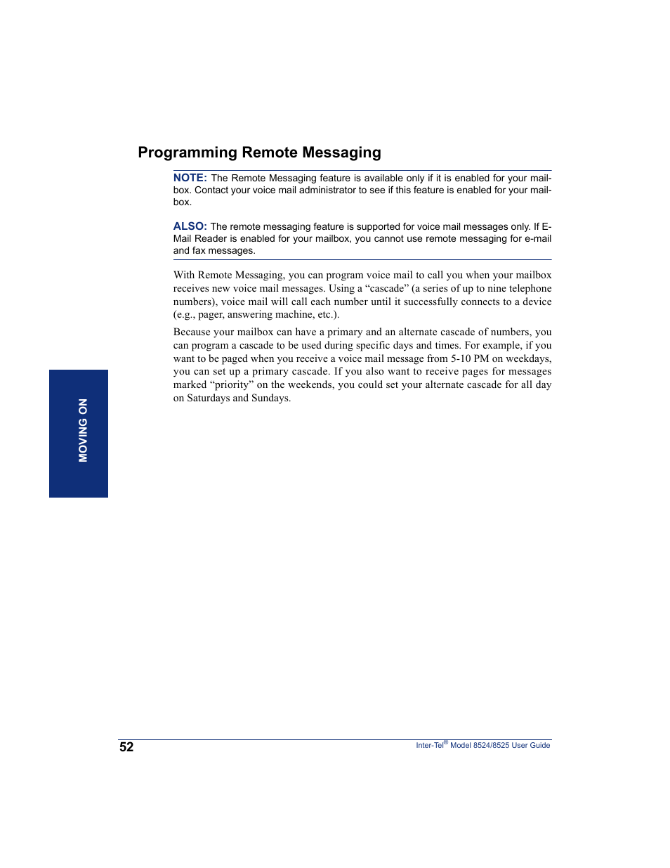 Programming remote messaging, Ng (see | Inter-Tel USER GUIDE 8525 User Manual | Page 64 / 112