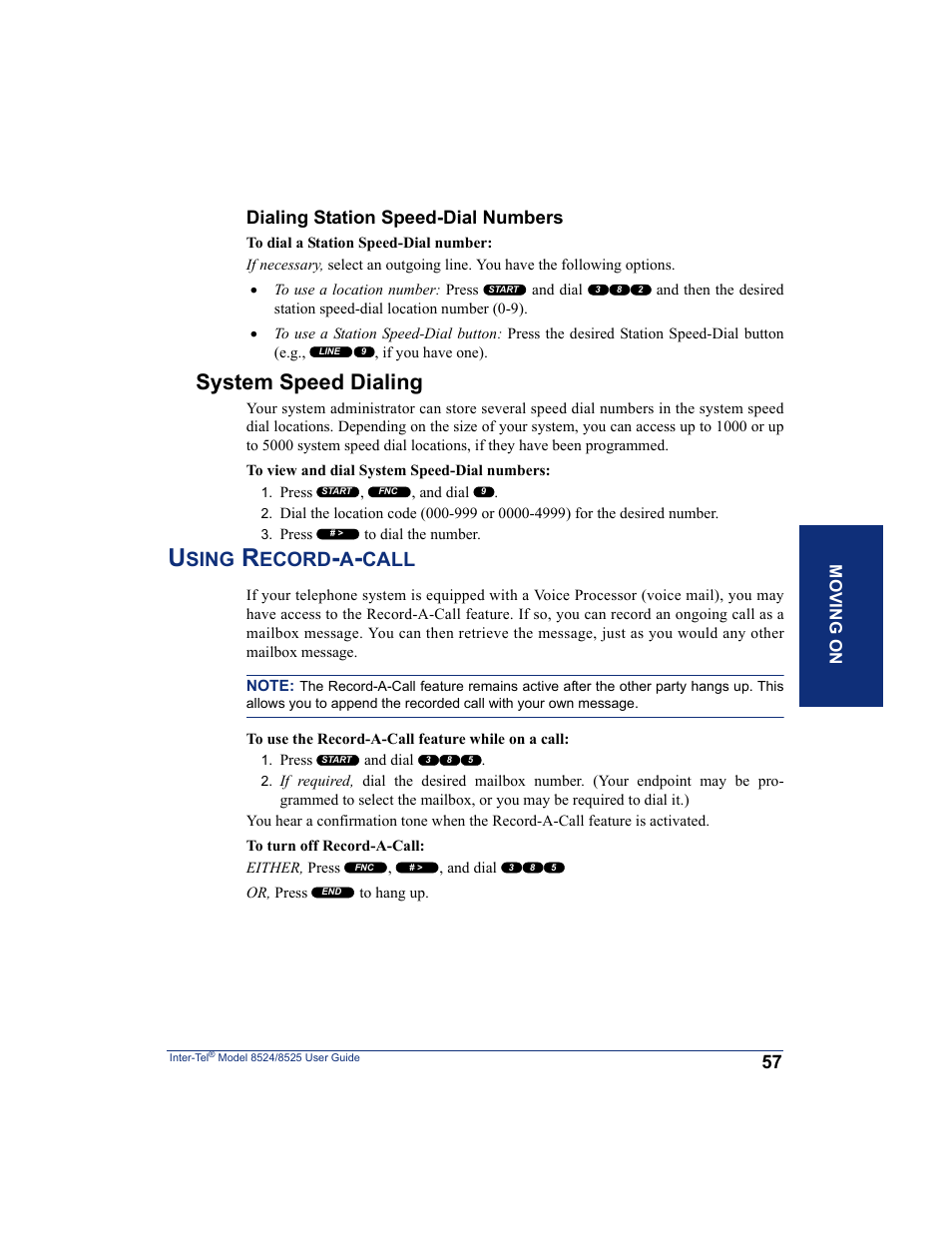 System speed dialing, Using record-a-call, Sing | Ecord, Call, Dialing station speed-dial numbers | Inter-Tel USER GUIDE 8525 User Manual | Page 69 / 112