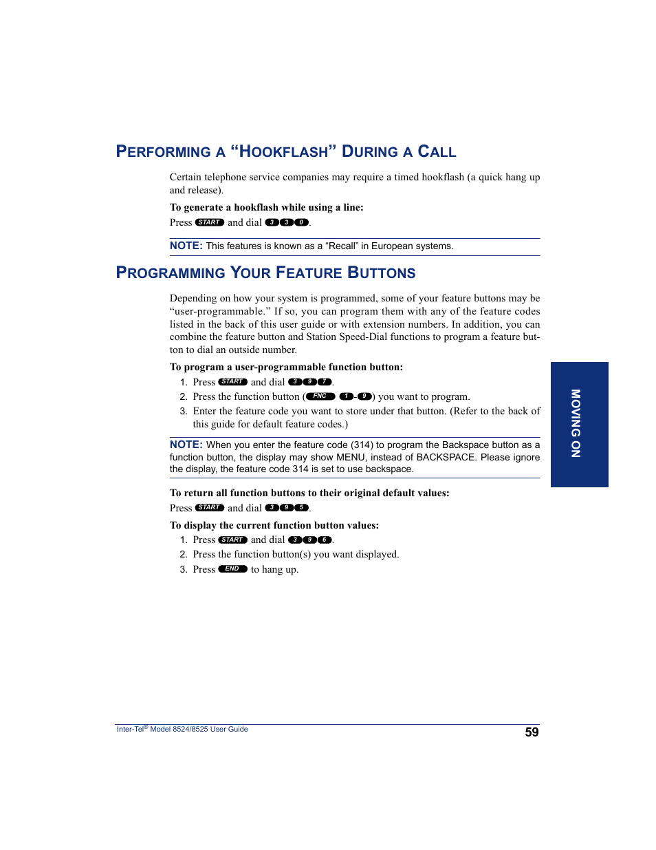 Performing a “hookflash” during a call, Programming your feature buttons, Refer to | Int. refer to, Erforming, Ookflash, Uring, Rogramming, Eature, Uttons | Inter-Tel USER GUIDE 8525 User Manual | Page 71 / 112