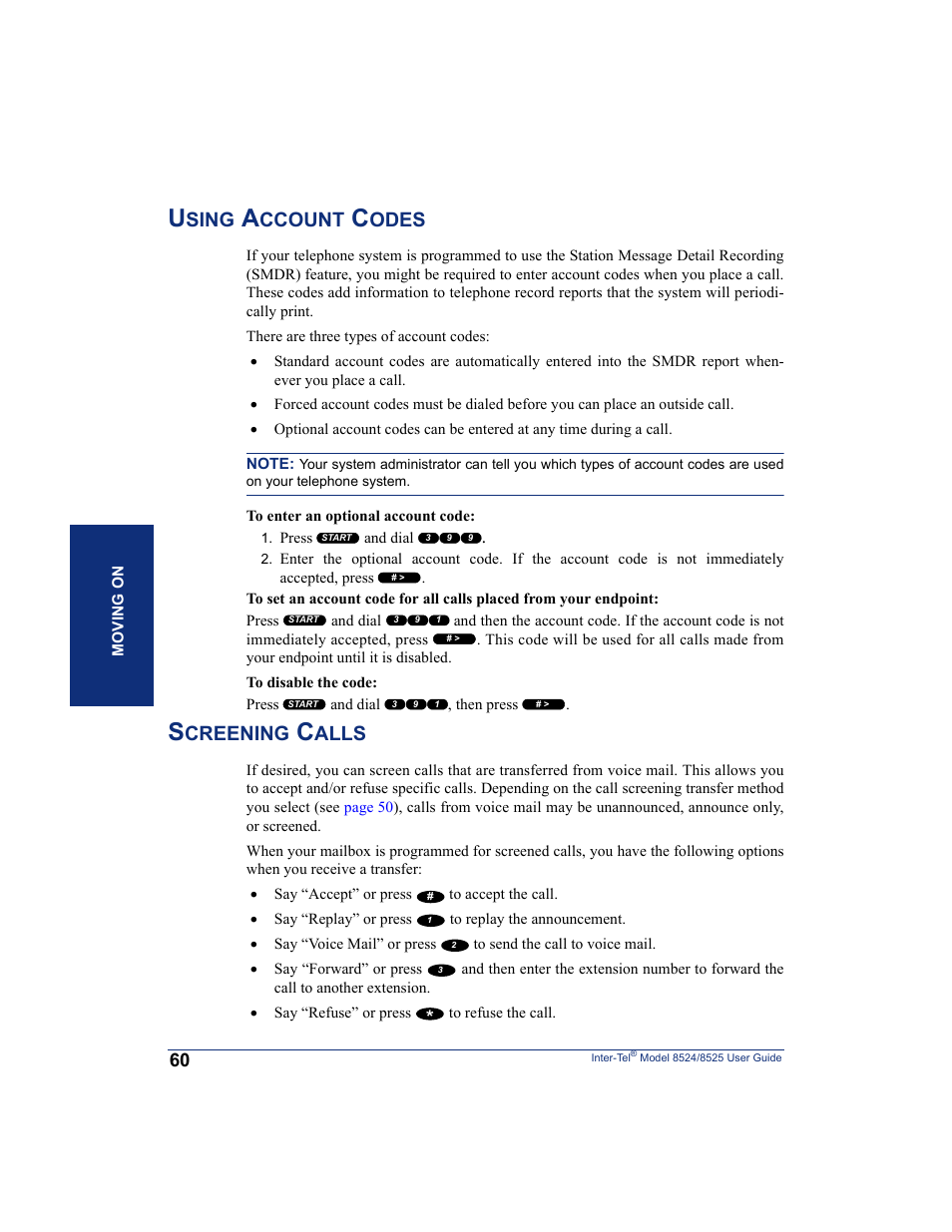 Using account codes, Screening calls, Using account codes screening calls | Sing, Ccount, Odes, Creening, Alls | Inter-Tel USER GUIDE 8525 User Manual | Page 72 / 112