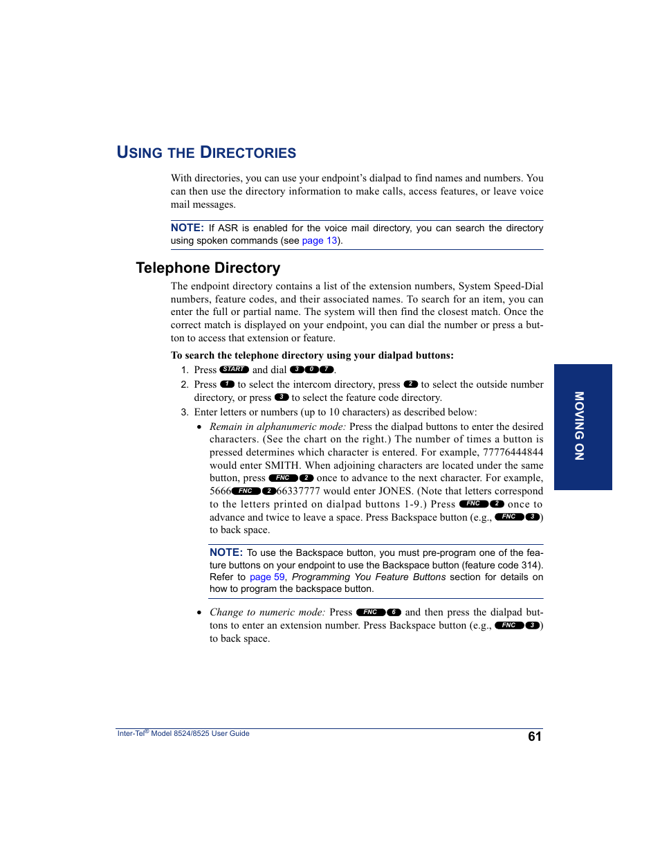 Using the directories, Telephone directory, Sing | Irectories | Inter-Tel USER GUIDE 8525 User Manual | Page 73 / 112