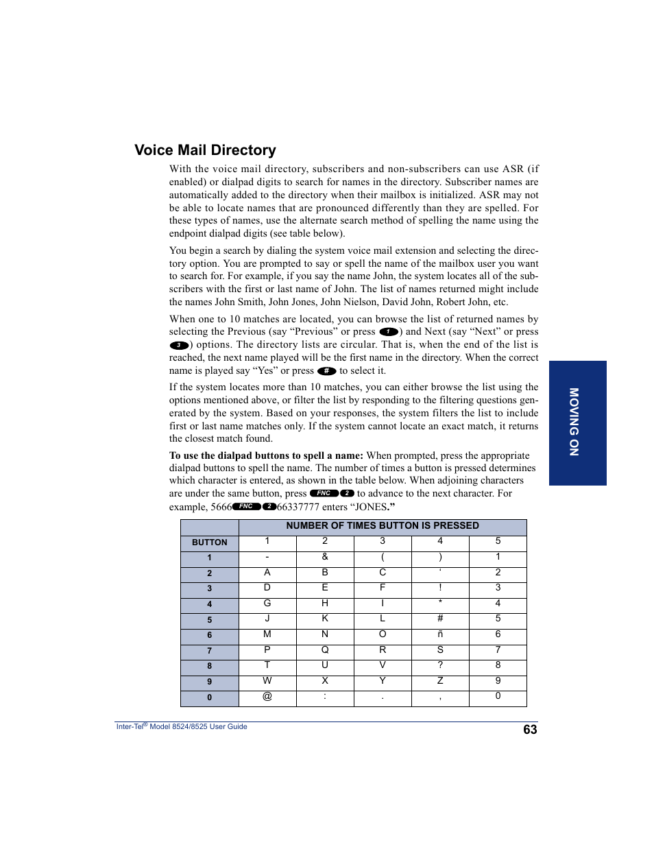 Voice mail directory, Mail directory (see, Mo ving o n | Inter-Tel USER GUIDE 8525 User Manual | Page 75 / 112