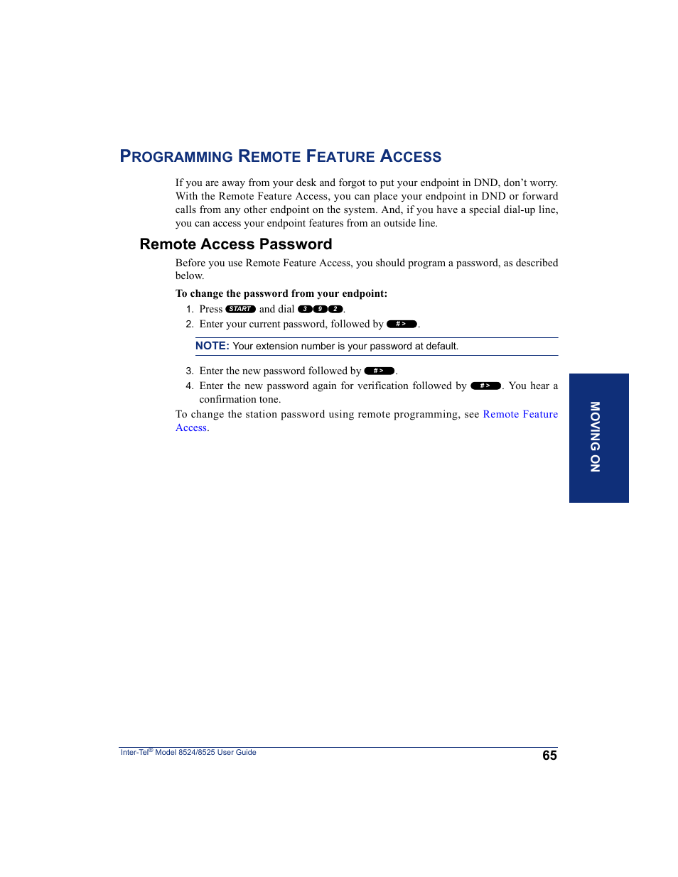 Programming remote feature access, Remote access password, Rogramming | Emote, Eature, Ccess | Inter-Tel USER GUIDE 8525 User Manual | Page 77 / 112
