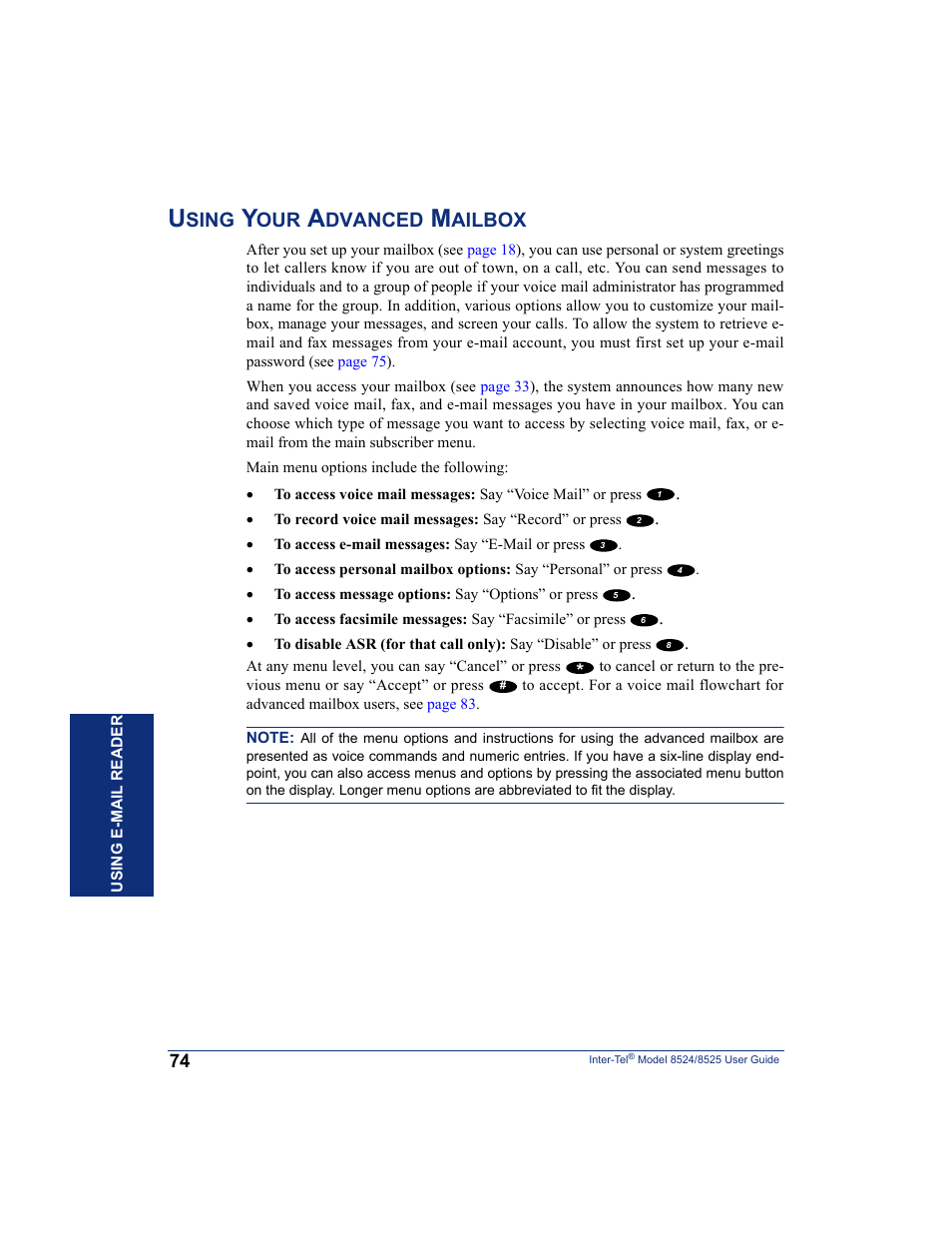 Using your advanced mailbox, Sing, Dvanced | Ailbox | Inter-Tel USER GUIDE 8525 User Manual | Page 86 / 112