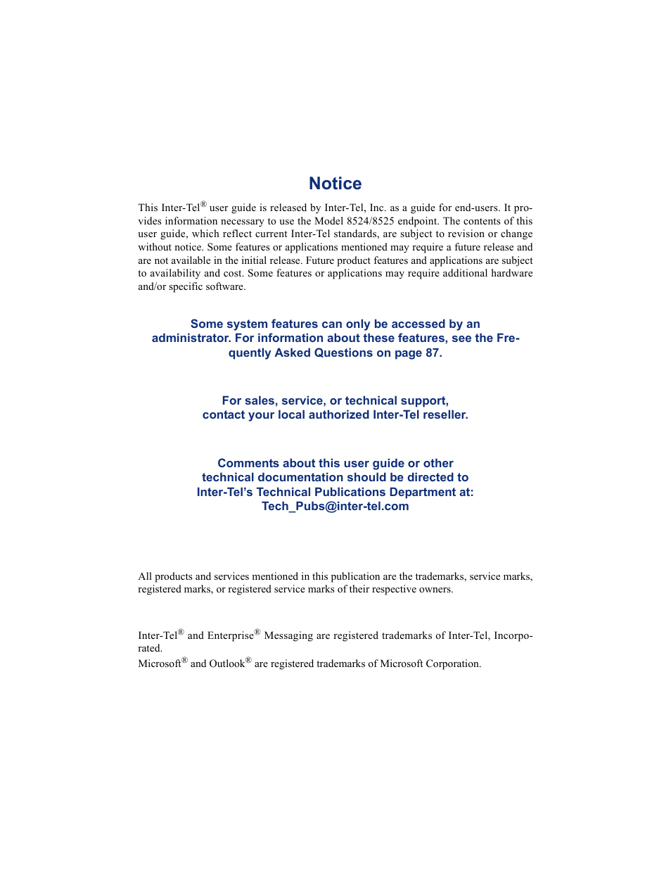 Notice | Inter-Tel USER GUIDE 8525 User Manual | Page 9 / 112