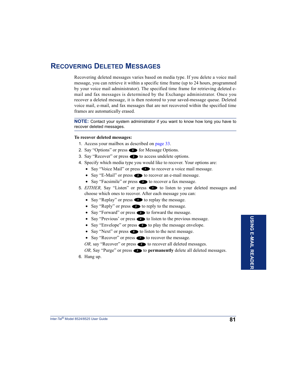 Recovering deleted messages, Ecovering, Eleted | Essages | Inter-Tel USER GUIDE 8525 User Manual | Page 93 / 112