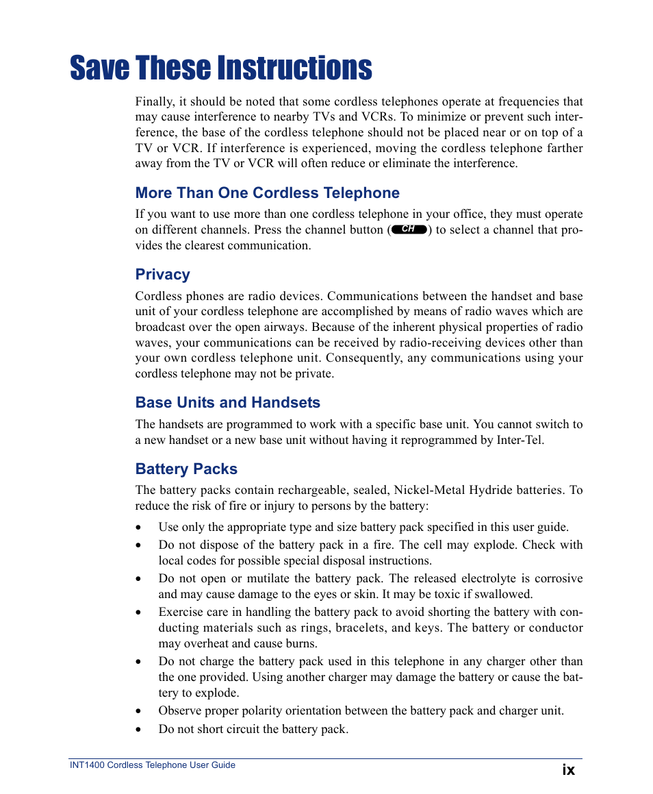 Save these instructions | Inter-Tel INT1400 User Manual | Page 11 / 44