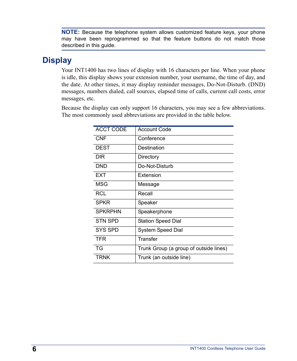 Display | Inter-Tel INT1400 User Manual | Page 18 / 44