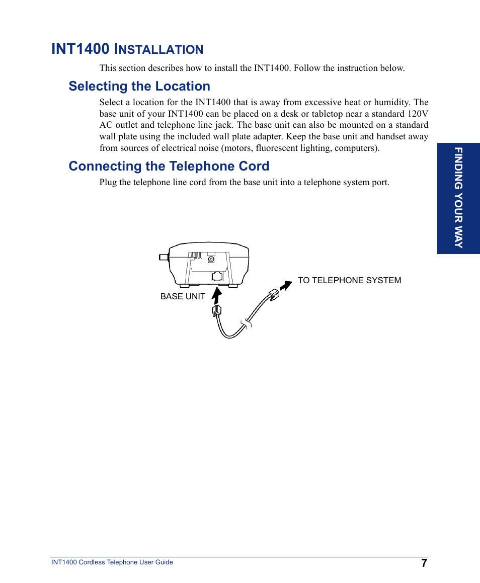 Int1400 installation, Selecting the location, Connecting the telephone cord | Int1400 i | Inter-Tel INT1400 User Manual | Page 19 / 44