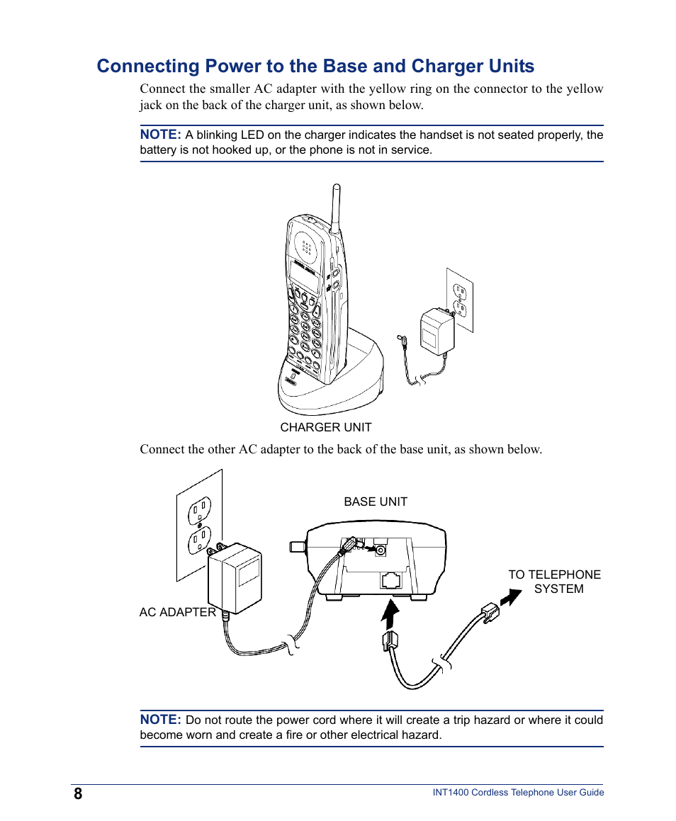 Connecting power to the base and charger units | Inter-Tel INT1400 User Manual | Page 20 / 44