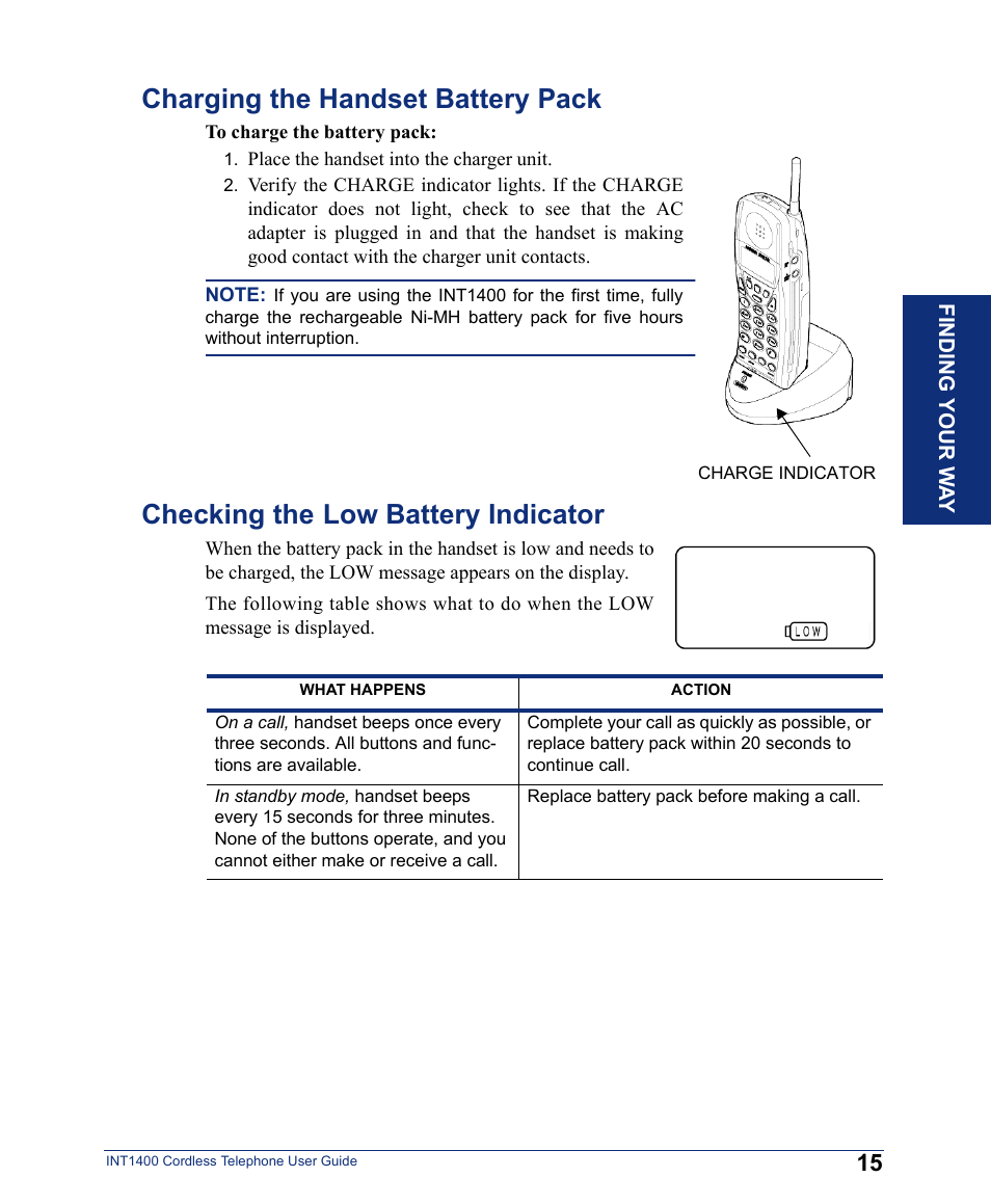 Charging the handset battery pack, Checking the low battery indicator, Checking the | Low battery indicator | Inter-Tel INT1400 User Manual | Page 27 / 44