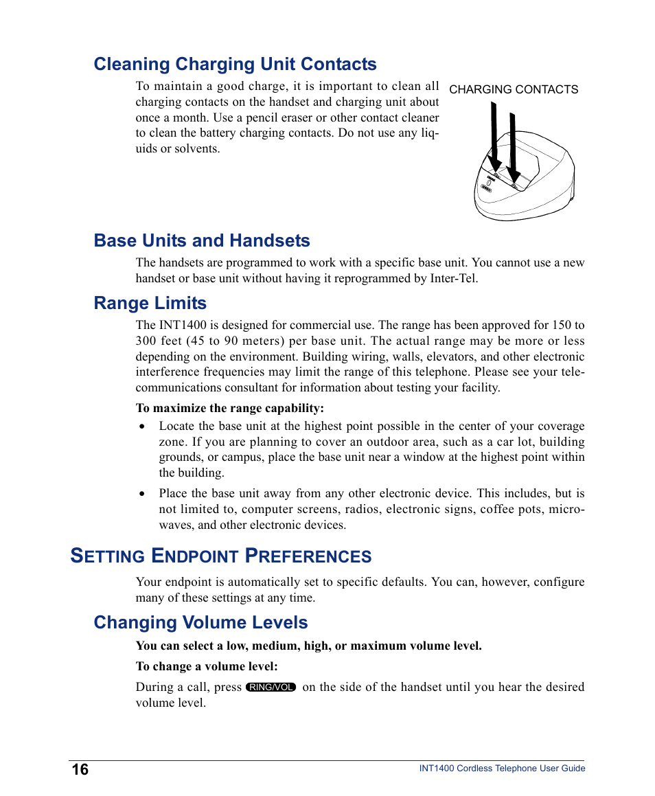 Cleaning charging unit contacts, Base units and handsets, Range limits | Setting endpoint preferences, Changing volume levels | Inter-Tel INT1400 User Manual | Page 28 / 44